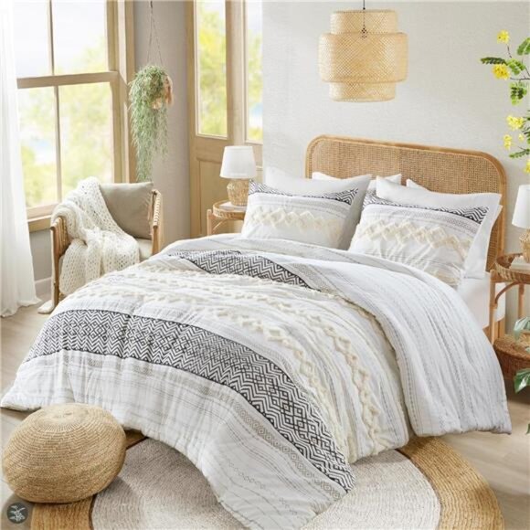 Farmhouse Bedding Comforter Sets, Ivory Full/Queen Size Boho Bed Set,Cotton - Picture 4 of 7